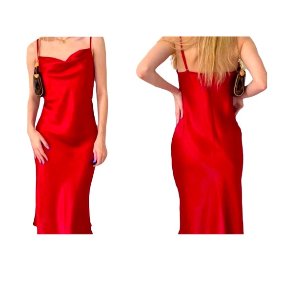 Bebe Y2K-Inspired Red Satin Cowl Neck Midi Slip Dress Size Medium NEW - Picture 12 of 15